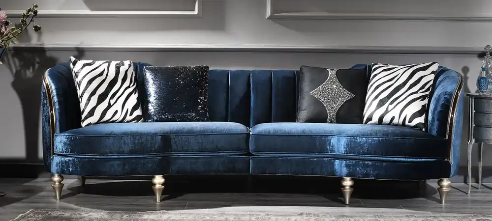 Nur Heute Casa Padrino divano in velluto barocco di lusso blu / argento / marrone scuro 262 x 104 x A. 80 cm - Mobili Barocchi