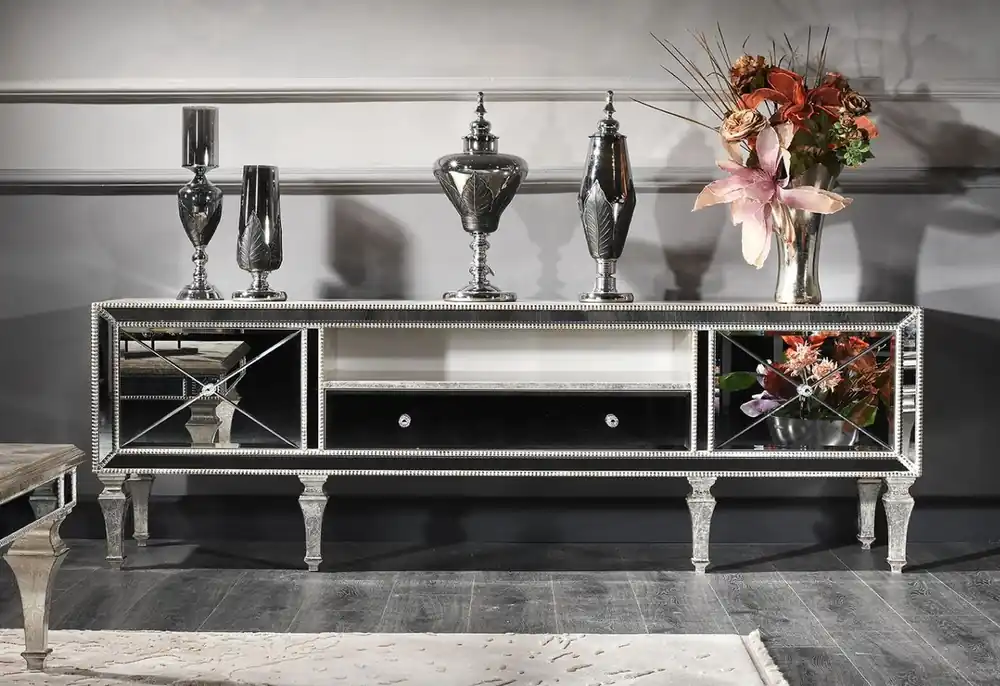 Heißes Angebot Casa Padrino armadio TV barocco di lusso con vetro specchio argento / oro 200 x 55 x A. 72 cm - Mobile TV - Qualità di Lusso