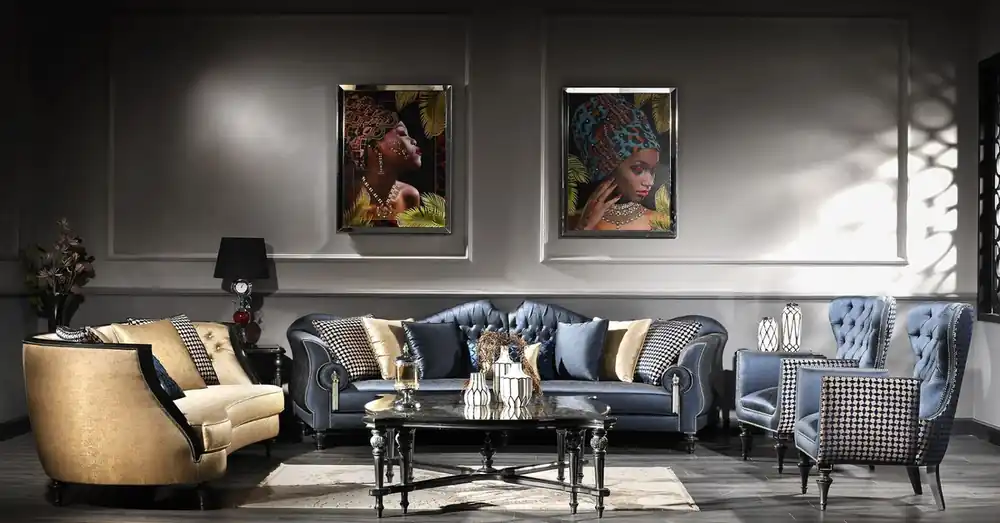 Markenprodukt Casa Padrino set da soggiorno barocco di lusso blu / oro / nero - 2 Divani e 2 Poltrone e 1 Tavolo da Salotto e 2 Tavoli Laterali - Mobili Barocchi - Nobili e Ornato
