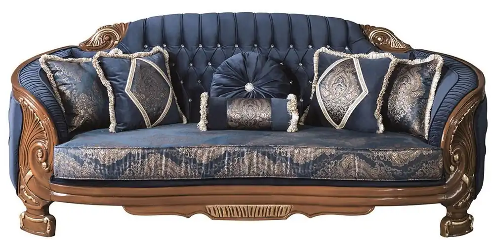 Casa Padrino divano per soggiorno barocco di lusso con strass e cuscini decorativi blu / marrone 240 x 90 x A. 105 cm - Nobile e Magnifico Direkt Vom Hersteller
