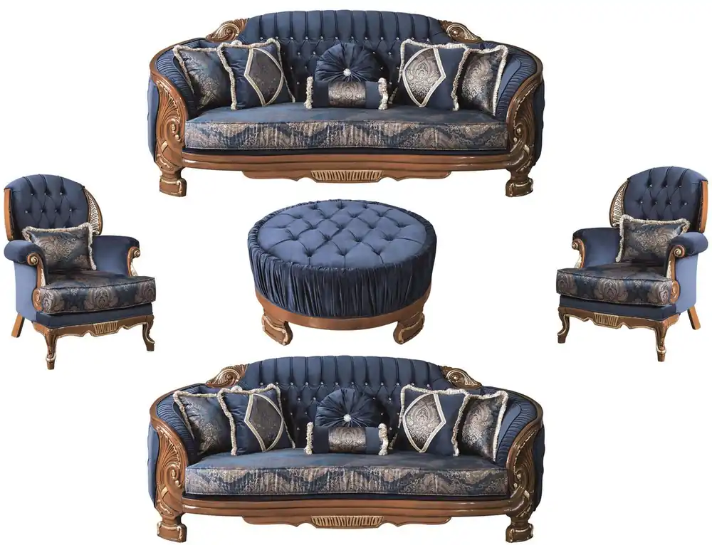 Mega-Angebot Casa Padrino set da soggiorno barocco di lusso blu / marrone - 2 Divani e 2 Poltrone e 1 Tavolo da Salotto - Mobili da Salotto Ornato in Stile Barocco
