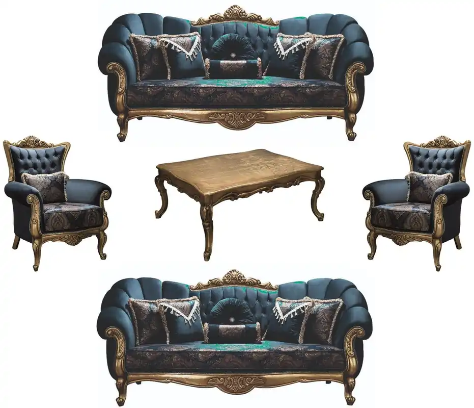 Casa Padrino set da soggiorno barocco di lusso blu / oro - 2 Divani e 2 Poltrone e 1 Tavolo da Salotto - Mobili per Soggiorno - Nobili e Ornato Nur Heute