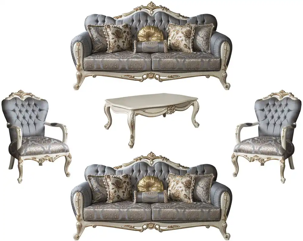 Casa Padrino set da soggiorno barocco di lusso blu / bianco / oro - 2 Divani e 2 Poltrone e 1 Tavolo da Salotto - Mobili in Stile Barocco - Nobili e Ornato Top-Seller
