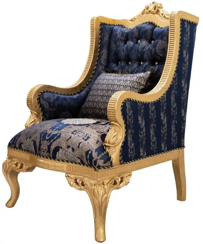 Casa Padrino poltrona barocco di lusso con strass e cuscino decorativo blu scuro / oro 86 x 90 x A. 110 cm - Poltrona da barocco per soggiorno - Mobili Barocchi Direkt Vom Hersteller