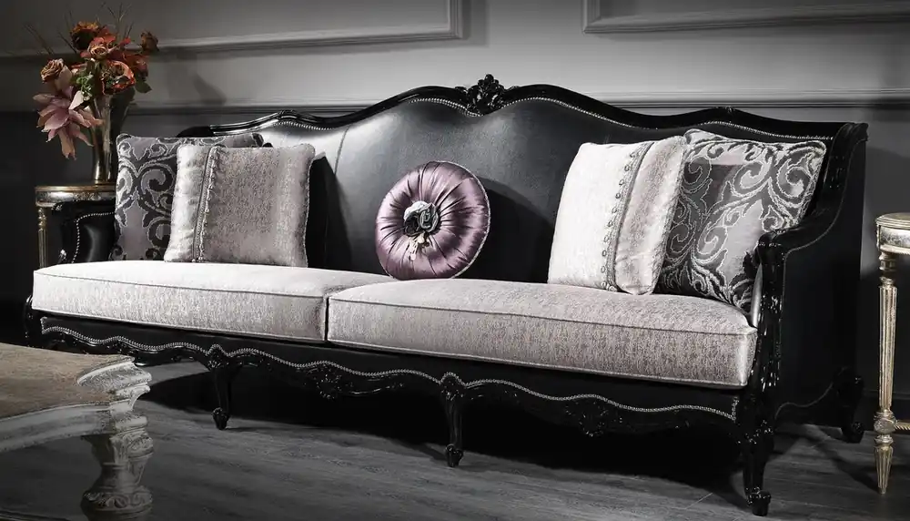 Markenware Casa Padrino divano da salotto barocco di lusso argento / nero 260 x 90 x A. 95 cm - Nobile e Magnifico