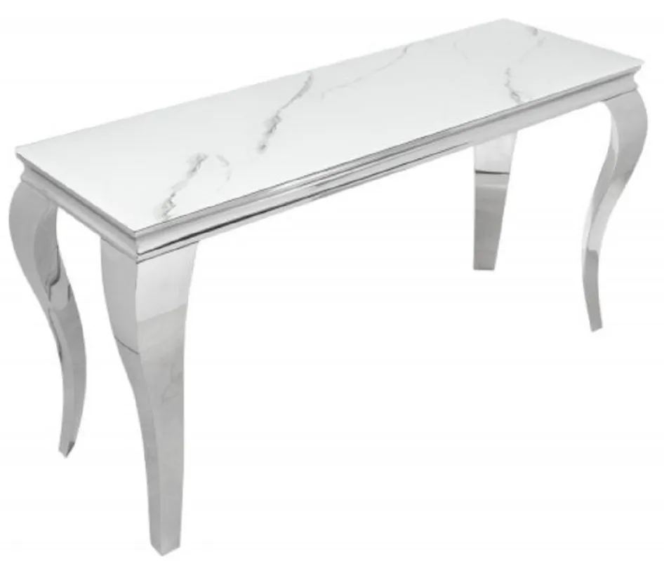 Casa Padrino consolle di design bianco / grigio / argento 145 x 50 x A. 75 cm - Consolle rettangolare in acciaio inox con vetro di sicurezza stampato in digitale con effetto marmo - Mobili moderni barocchi Ausverkauf