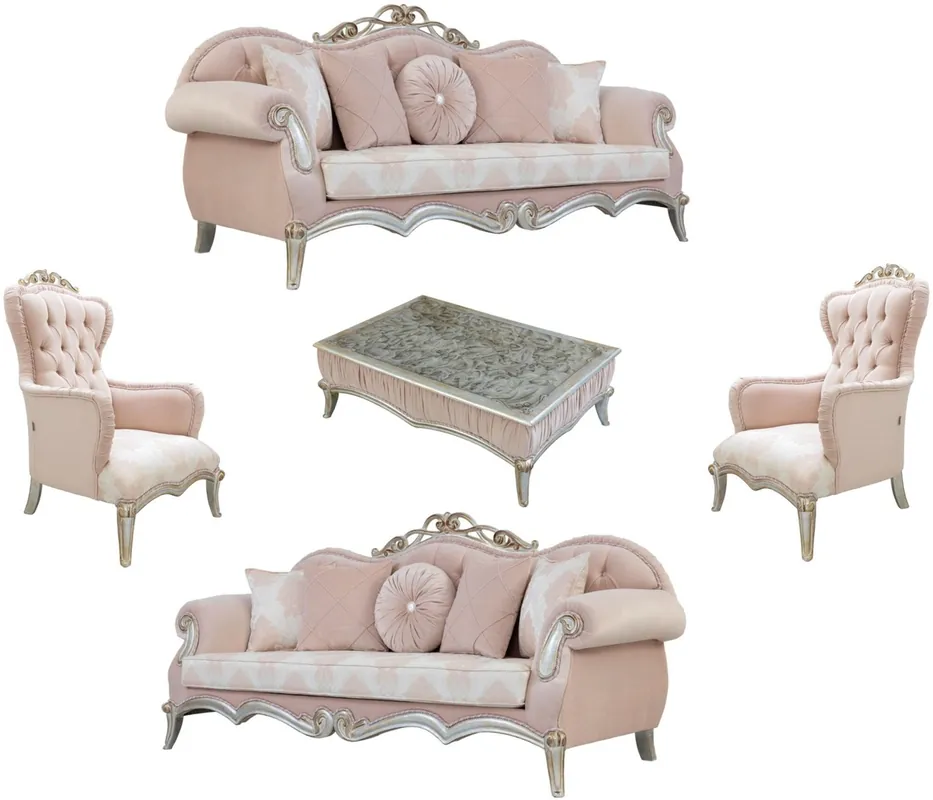 Casa Padrino set da soggiorno barocco di lusso rosa / argento / oro - 2 Divani con Cuscini e 2 Poltrone e 1 Tavolo da Salotto - Mobili per soggiorno in stile barocco - Mobili Nobili Barocchi Jetzt Kaufen