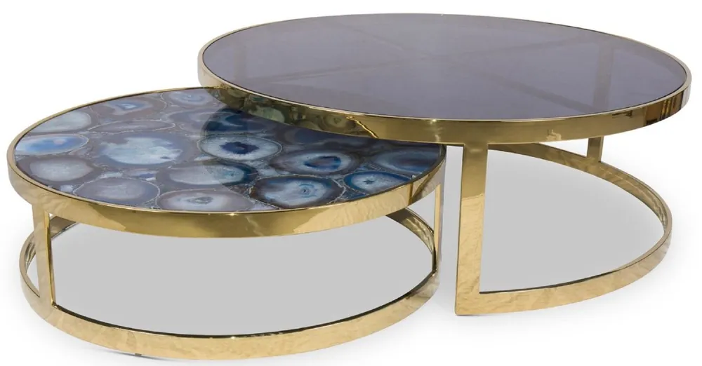 Casa Padrino set da tavolo da salotto di lusso blu / oro - 2 Tavoli da salotto rotondi con pietra preziosa in agata e lastra di vetro - Qualità di Lusso - Mobili da Soggiorno di Lusso Nur Heute
