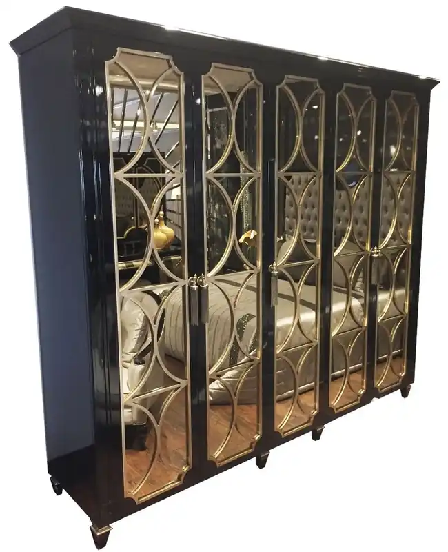 Casa Padrino armadio camera da letto barocco di lusso nero / oro 260 x 63 x A. 240 cm - Magnifico guardaroba con 5 porte a specchio - Qualità di Lusso Top-Seller