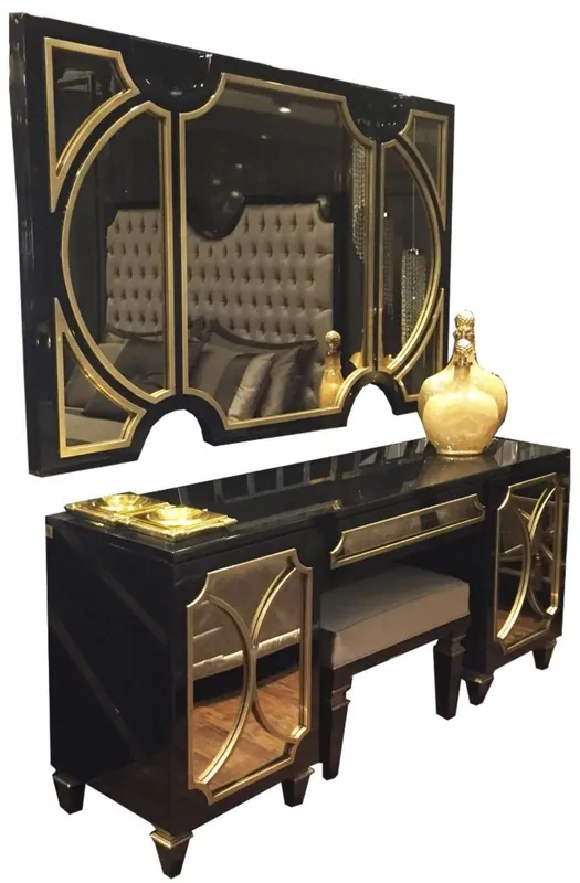 Casa Padrino set camera da letto in stile barocco di lusso nero / oro - 1 Specchio a Parete e 1 Cassettone e 1 Sgabello - Mobili per Camera da Letto - Nobile e Magnifico Schneller Versand