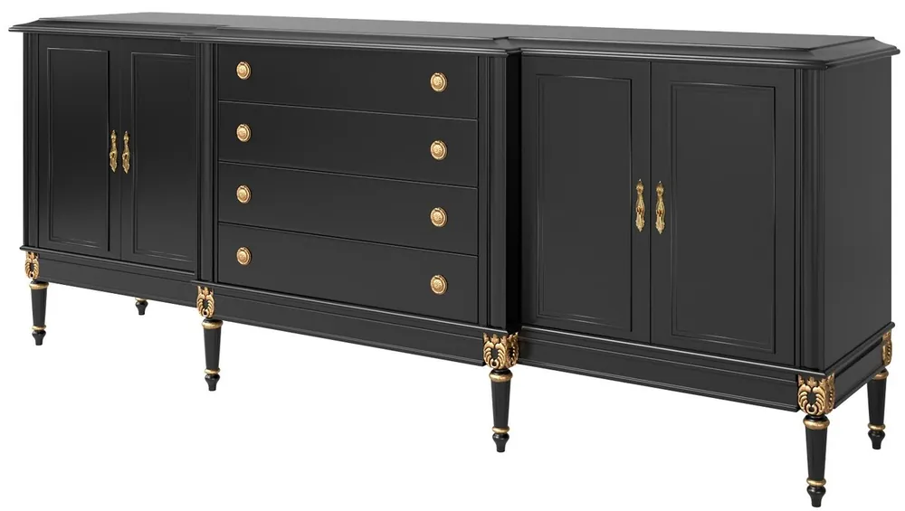 Casa Padrino armadio del soggiorno barocco di lusso nero / oro antico 235 x 55 x A. 95 cm - Armadio soggiorno nobile con 4 porte e 4 cassetti - Mobili Barocchi Bestseller