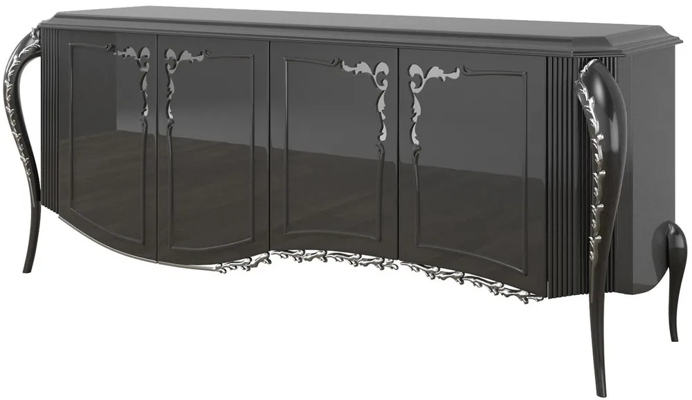 Casa Padrino armadio del soggiorno barocco di lusso nero / argento 218 x 56 x A. 94 cm - Armadio soggiorno nobile con 4 porte - Mobili Barocchi Wochenendangebot