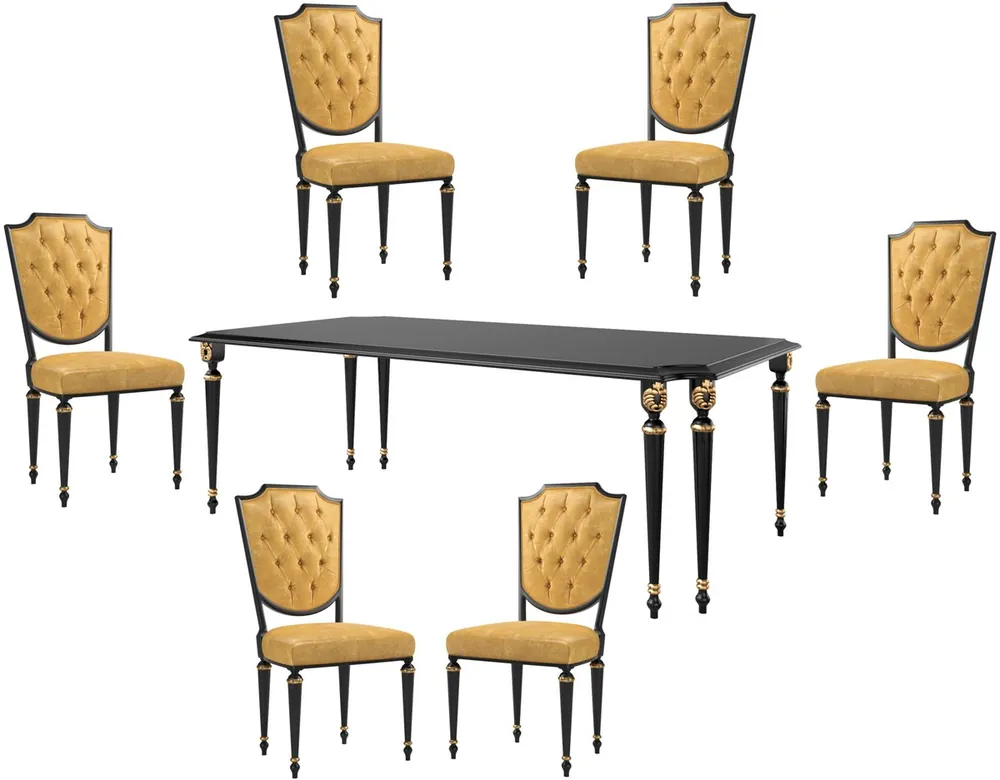 Casa Padrino Set da Pranzo Barocco di Lusso Oro / Nero / Oro Antico - 1 Tavolo da Pranzo e 6 Sedie da Pranzo con Pelle di Alta Qualità - Mobili per Sala da Pranzo Barocco - Qualità di Lusso Direkt Vom Hersteller