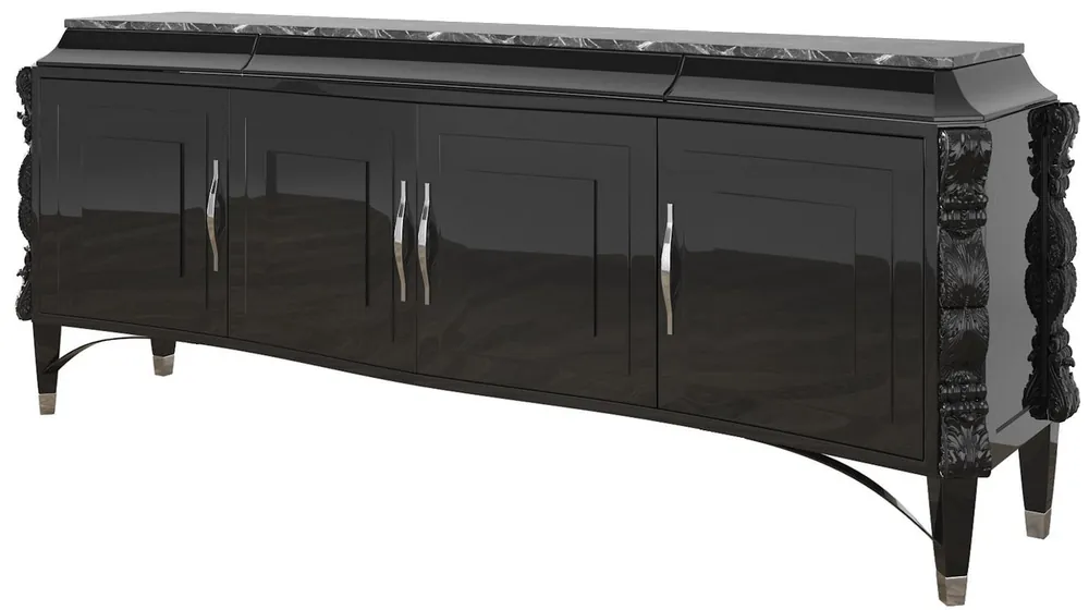 Casa Padrino armadio del soggiorno Art Déco di lusso nero / argento 220 x 50 x A. 90 cm - Nobile armadio soggiorno con 4 porte e piano in marmo - Mobili Art Déco Neu