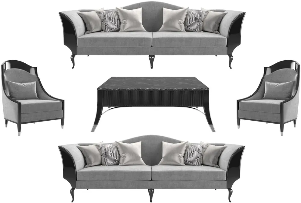 Garantierte Lieferung Casa Padrino set da soggiorno Art Déco di lusso grigio / nero / argento - 2 Divani e 2 Poltrone e 1 Tavolo da Salotto con Piano in Marmo - Mobili da Salotto Art Déco Nobili
