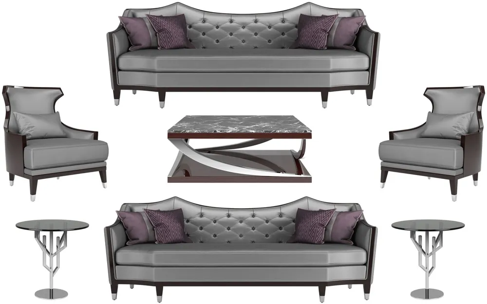 Zertifiziert Casa Padrino set da soggiorno di lusso argento / nero / marrone scuro - 2 Divani e 2 Poltrone e 1 Tavolo da Salotto e 2 Tavolini - Mobili da Salotto di Lusso