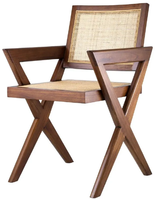 Casa Padrino sedia da pranzo di lusso marrone / naturale 53 x 57 x A. 84,5 cm - Sedia in legno massello con braccioli e rattan intrecciato a mano - Mobili per sala da pranzo di lusso Knallerangebot