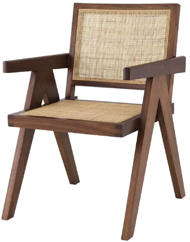 Casa Padrino sedia da pranzo di lusso marrone / naturale 57 x 65,5 x A. 90 cm - Sedia in legno massello con braccioli e rattan intrecciato a mano - Mobili per sala da pranzo di lusso Neu Im Sortiment