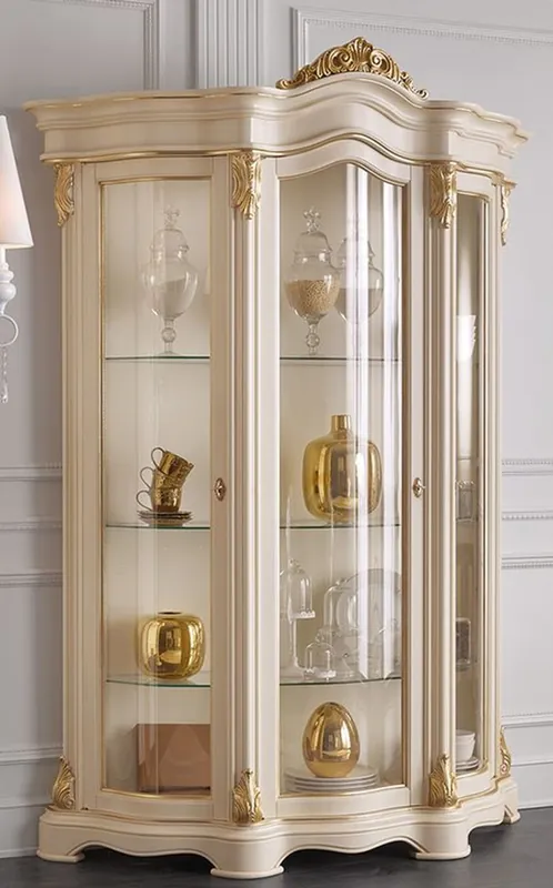 Neuheit Casa Padrino vetrina gabinetto del soggiorno barocco di lusso crema / oro 155 x 54 x A. 227 cm - Vetrina barocco sontuosa con 3 porte in vetro - Mobili Barocchi Nobili
