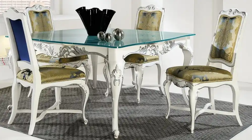 Casa Padrino tavolo da pranzo barocco di lusso con lastra di vetro bianco / argento - Diverse Misure - Tavolo da pranzo nobile in stile barocco - Mobili per sala da pranzo in stile barocco Nur Heute