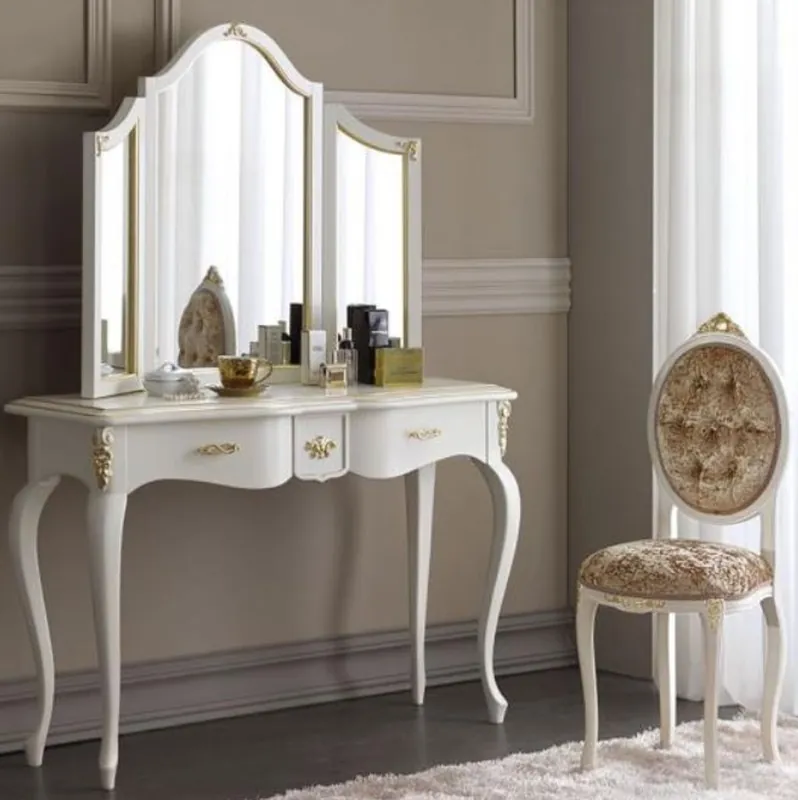 Knallerangebot Casa Padrino set di consolle specchio barocco di lusso marrone / bianco / oro - Elegante consolle con specchio e sedia da donna - Mobili da Camera Barocco di Lusso