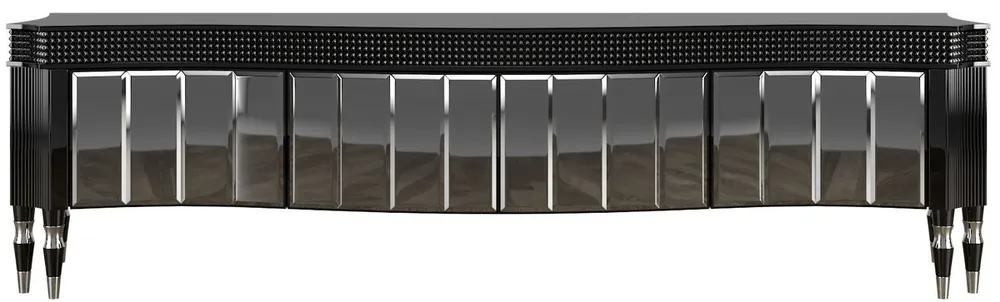 Casa Padrino armadio TV Art Déco di lusso nero / argento 220 x 53 x A. 58 cm - Armadio TV nobile con 4 porte a specchio - Mobili per Soggiorno Art Déco Highlight