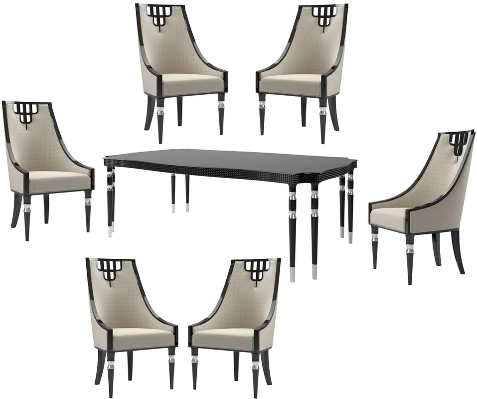Top-Seller Casa Padrino set da pranzo Art Déco di lusso beige / nero / argento - 1 Tavolo da Pranzo e 6 Sedie da Pranzo - Mobili da Pranzo Art Deco - Qualità di Lusso