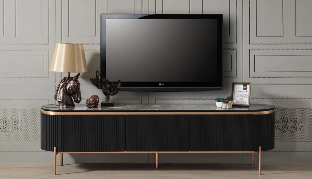 Casa Padrino armadio TV di lusso nero / rame 208 x 48 x A. 57 cm - Mobile TV con 4 porte - Mobili soggiorno di lusso Neuheit