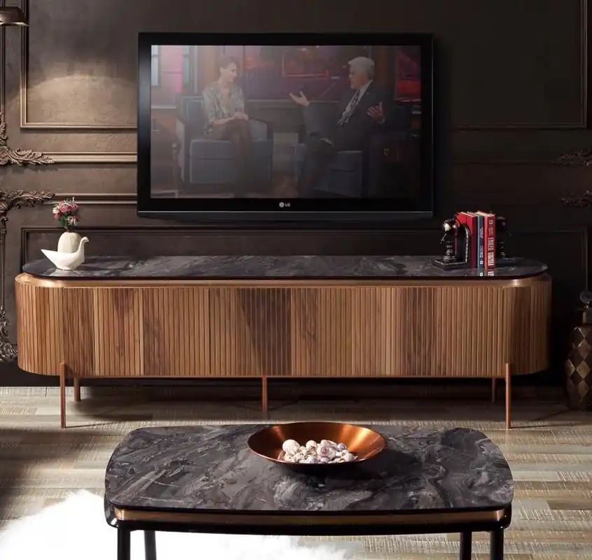 Neu Casa Padrino armadio TV di lusso marrone / nero / rame 208 x 48 x A. 57 cm - Mobile TV con 4 porte - Mobili soggiorno di lusso