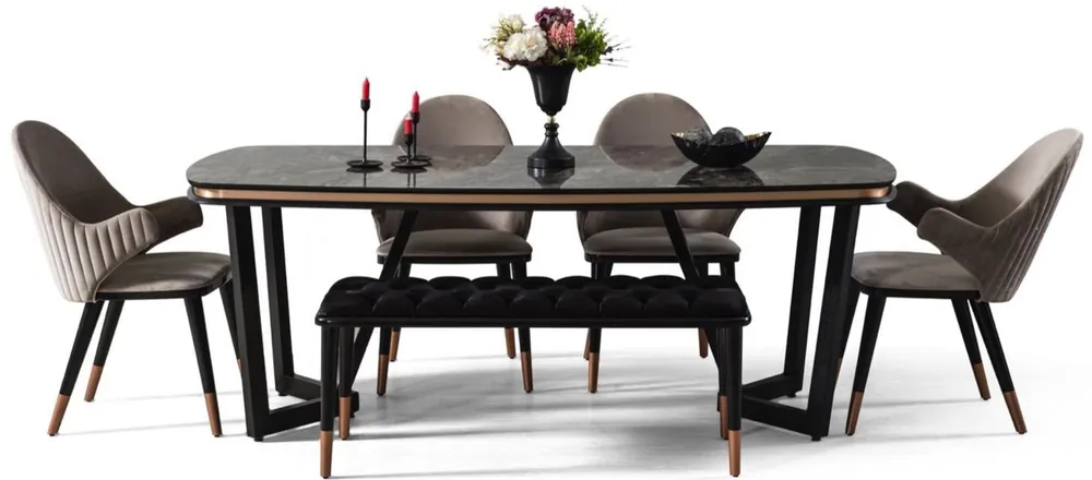 Saisonangebot Casa Padrino set da pranzo di lusso grigio / nero / rame - 1 Tavolo da Pranzo e 4 Sedie da Pranzo e 1 Panca - Mobili da Pranzo di Lusso