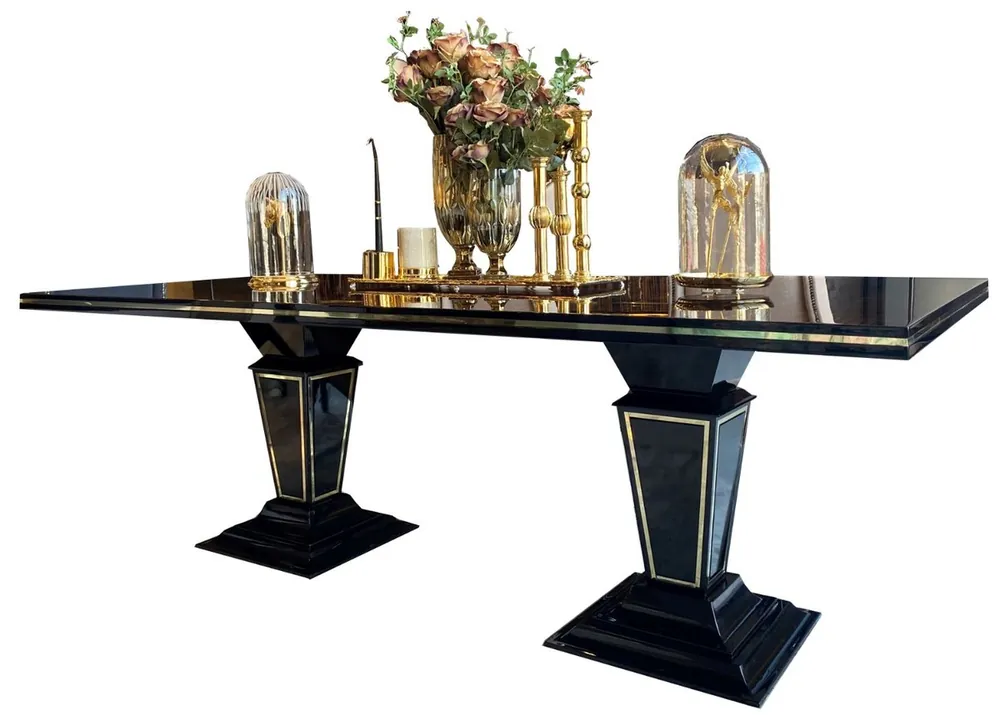 Billig Casa Padrino tavolo da pranzo Art Déco di lusso marrone scuro / nero / oro 220 x 110 x A. 76 cm - Tavolo da pranzo nobile con piano in vetro - Mobili per sala da pranzo Art Déco