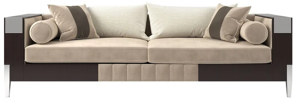 Casa Padrino divano in velluto Art Déco di lusso beige / marrone scuro / argento 257 x 84 x A. 83 cm - Divano nobile da soggiorno - Qualità di Lusso - Mobili Art Déco Must-Have