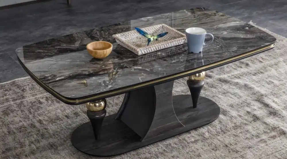 Abverkauf Casa Padrino tavolo soggiorno di lusso nero / grigio / ottone 120 x 70 x A. 46 cm - Tavolo da salotto rettangolare con piano in vetro effetto marmo - Mobili da soggiorno
