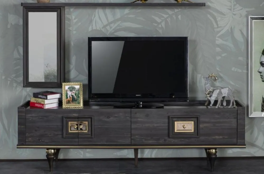 Kracherpreis Casa Padrino armadio TV Art Déco di lusso grigio / nero / ottone 226 x 44 x A. 65 cm - Mobile TV nobile per soggiorno con cassetto e 2 ante - Mobili Art Deco