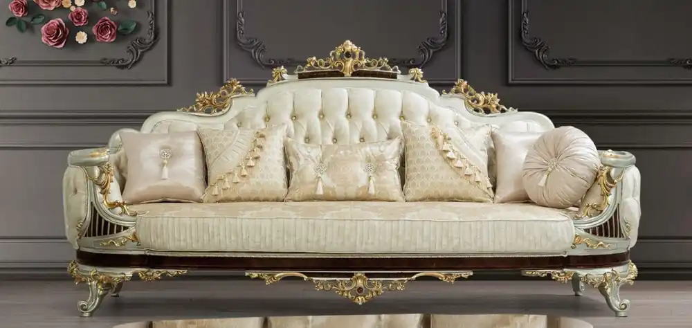 Sonderaktion Casa Padrino divano barocco di lusso crema / beige / marrone scuro / argento / oro 260 x 90 x A. 125 cm - Divano da salotto in stile barocco magnifico con motivo elegante - Mobili Barocchi