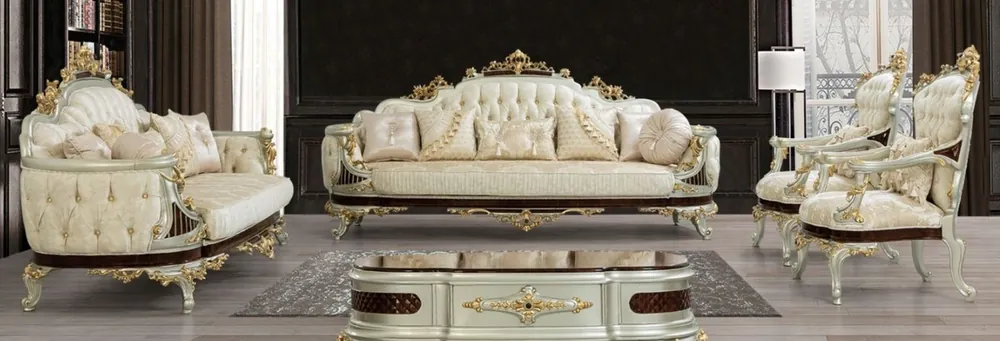 Finale Aktion Casa Padrino set da soggiorno barocco di lusso crema / beige / marrone scuro / argento / oro - 2 Divani e 2 Poltrone e 1 Tavolo da Salotto - Mobili da soggiorno in stile barocco - Nobili e Magnifico