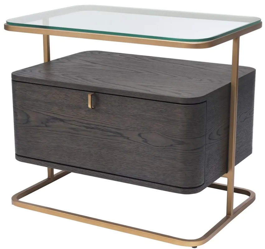 Begrenztes Angebot Casa Padrino tavolino di lusso moka / ottone 65 x 46 x A. 57 cm - Comodino nobile con lastra di vetro e cassetto - Mobili di Lusso