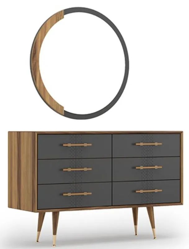 Neu Im Sortiment Casa Padrino set per camera da letto di lusso marrone / grigio / ottone - 1 Cassettone con 6 Cassetti e 1 Specchio a Parete - Armadio camera da letto con specchio - Mobili camera da letto
