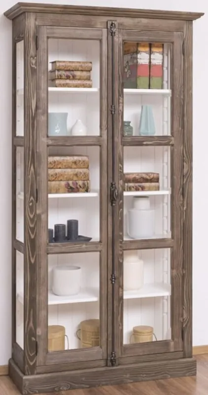 Zertifiziert Casa Padrino vetrina in stile country marrone / bianco 109 x 40 x A. 210 cm - Armadio in legno massello con 2 ante in vetro - Armadio Vetrina - Mobili in Stile Country