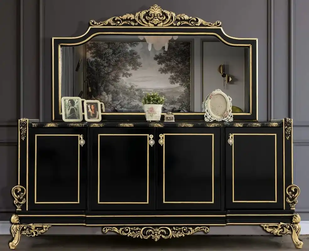 Ausverkauf Casa Padrino set di mobili barocchi di lusso nero / oro - 1 Credenza con 4 Ante e 1 Specchio - Mobili barocchi nobili - Nobili e Sontuosa