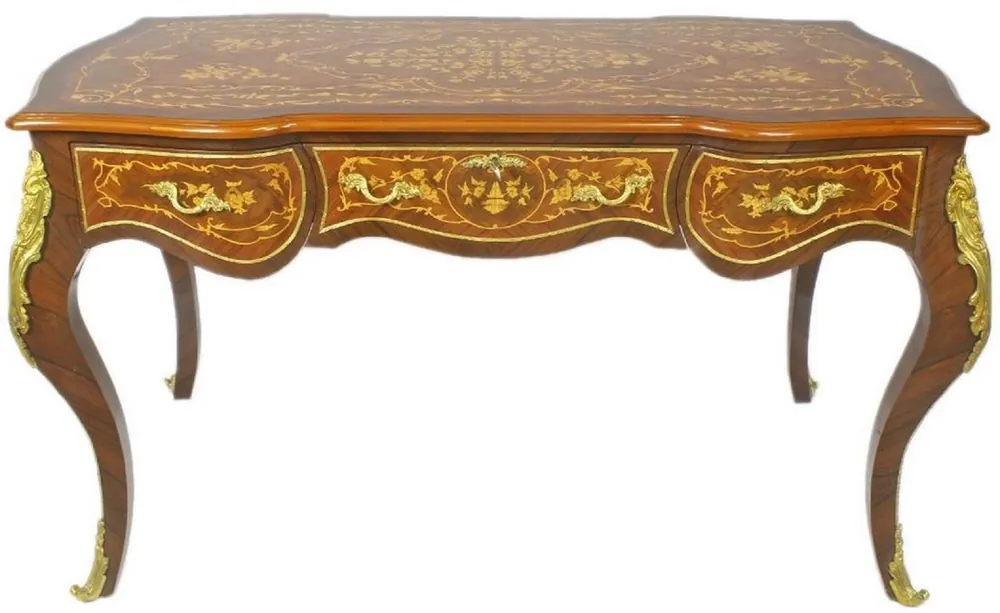 Mega-Angebot Casa Padrino scrivania barocco marrone / oro 160 x 70 x A. 80 cm - Tavolo da ufficio fatta a mano in legno massello con 3 cassetti e applicazioni in metallo massiccio - Mobili da Ufficio Barocco