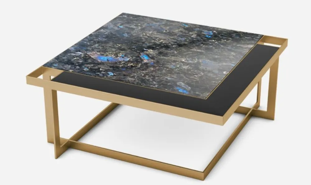 Casa Padrino tavolo da salotto di lusso ottone / blu-nero / nero 93 x 93 x A. 40 cm - Tavolo da salotto quadrato moderno con piano in granito e piano in vetro - Mobili da soggiorno di lusso Begrenztes Angebot