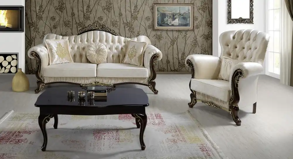 Ausverkauf Casa Padrino set da soggiorno barocco champagne / nero / oro - 2 Divani e 2 Poltrone e 1 Tavolo da Salotto - Mobili per soggiorno - Nobile e Magnifico