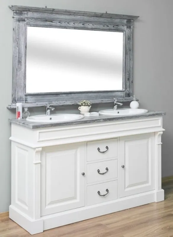 Casa Padrino set da bagno stile country bianco / grigio - 1 Mobile Lavello Doppio e 1 Specchio a Muro - Mobili da Bagno in Legno Massello Stile Country Mega-Angebot