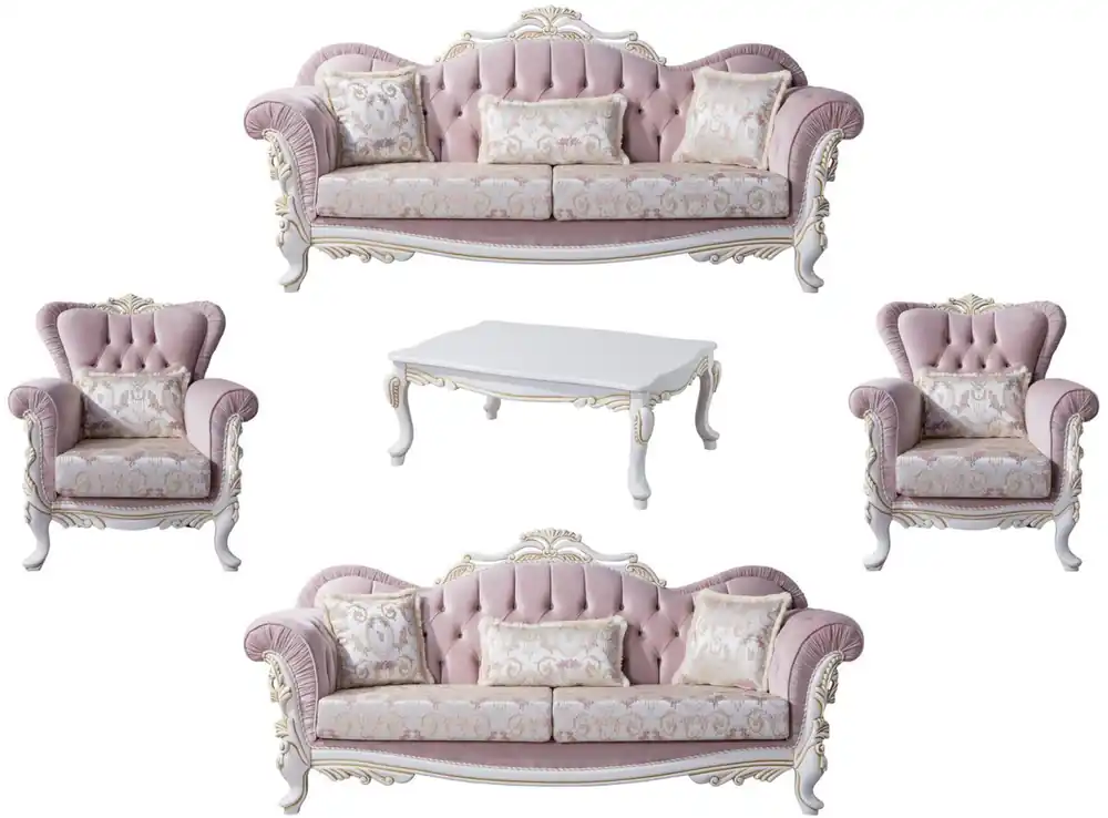 Casa Padrino set da soggiorno barocco di lusso rosa / argento / bianco / oro - 2 Divani e 2 Poltrone e 1 Tavolo da Salotto - Mobili da soggiorno in stile barocco nobili Highlight