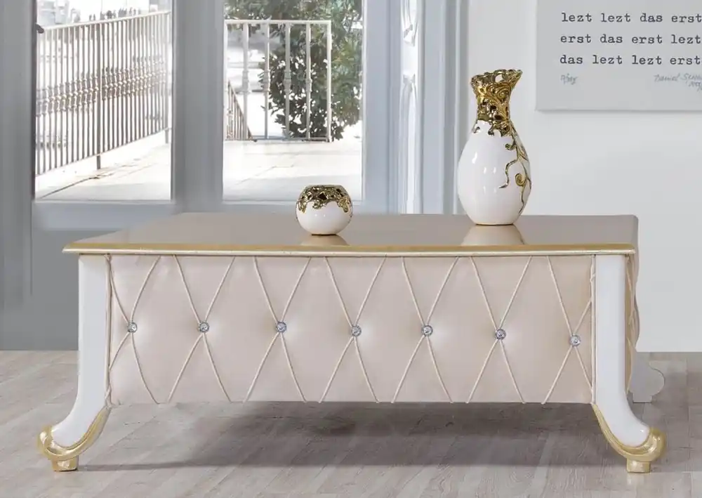 Knallerangebot Casa Padrino tavolo soggiorno barocco beige / bianco / oro 100 x 64 x A. 43 cm - Tavolo da salotto in stile barocco nobile con strass - Mobili Barocchi