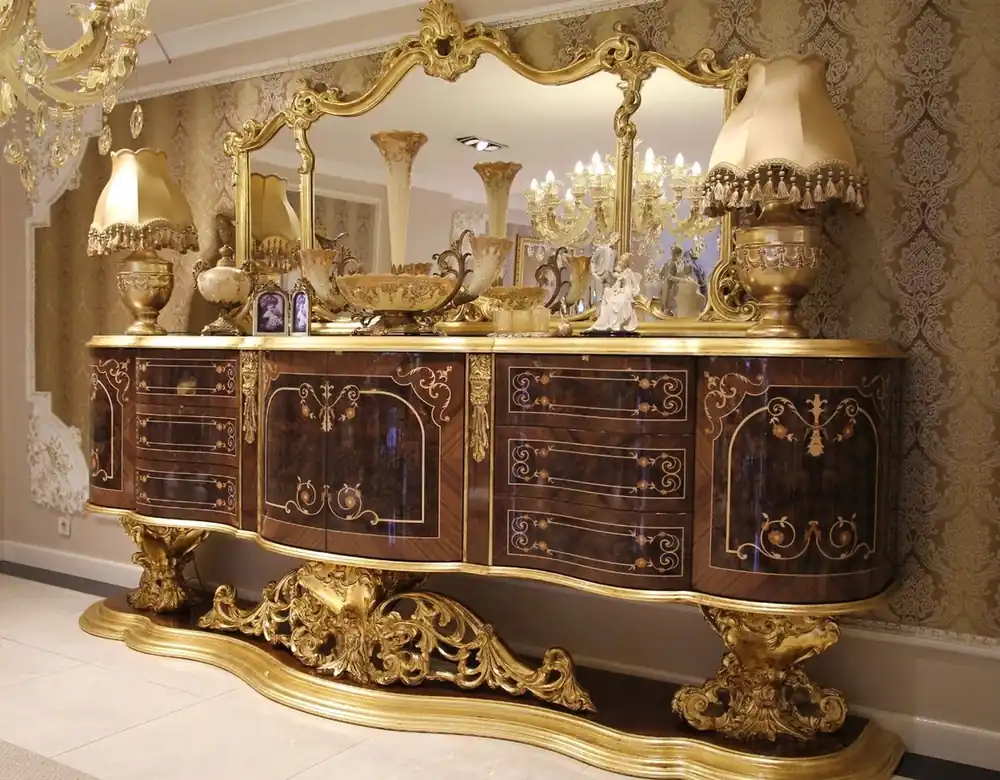 Casa Padrino credenza barocco di lusso con specchio marrone / oro antico 305 x 50 x A. 232 cm - Armadio in legno massello con specchio a parete - Mobili nobili in stile barocco - Qualità di Lusso Nur Für Kurze Zeit