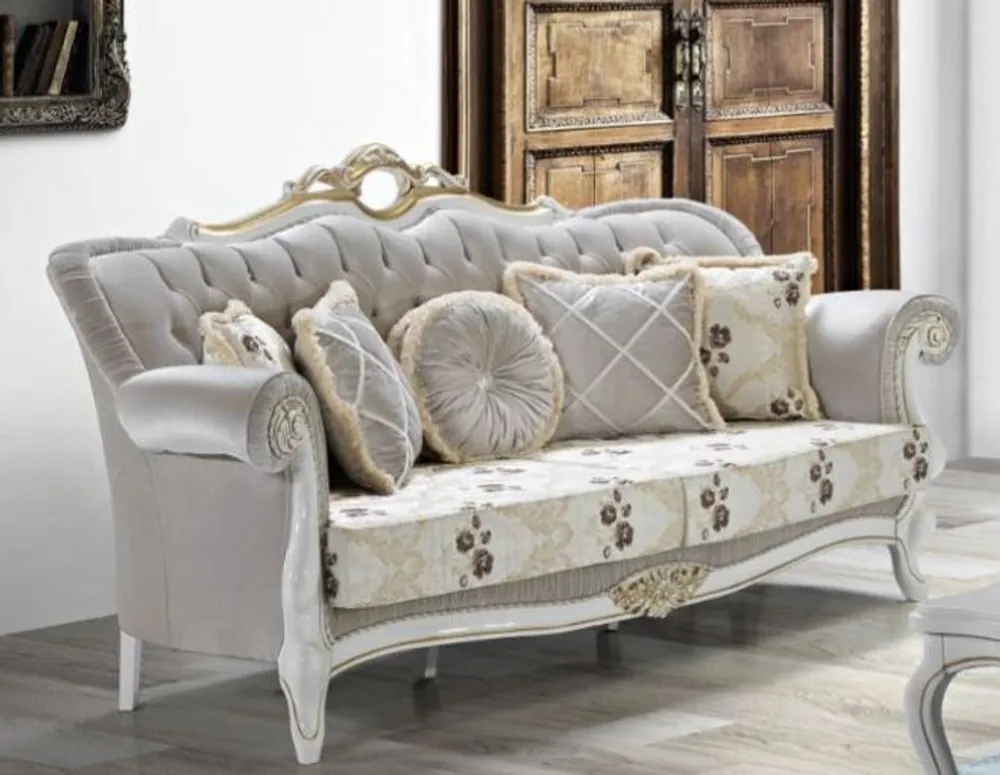 Casa Padrino divano del soggiorno barocco con strass e motivi floreali grigio chiaro / crema / beige / bianco / oro 215 x 80 x A. 120 cm - Mobili Barocchi Bestpreis