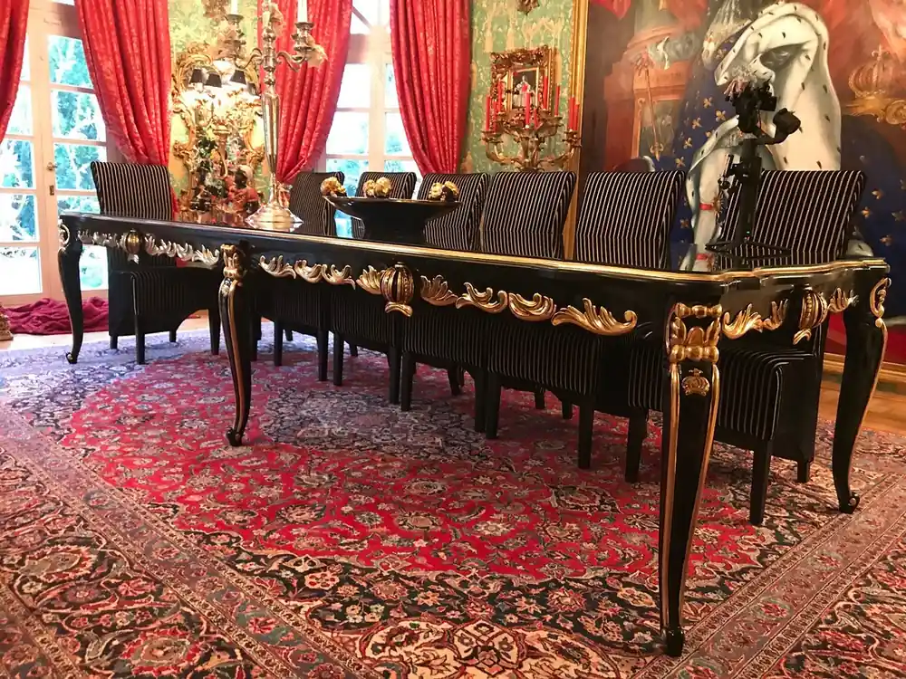 Pompöös di Casa Padrino Tavolo da Pranzo Barocco di Lusso con Piano in Vetro Nero / Oro 350 x 120 x A. 80 cm - Tavolo da Pranzo Barocco di Pompöös Disegnato da Harald Glööckler Neue Ware