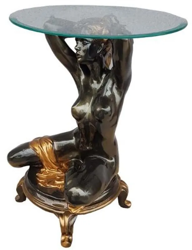 Preisreduziert Casa Padrino tavolino Art Nouveau donna in ginocchio nero / oro Ø 45 x A. 63,5 cm - Elegante tavolo con piano rotondo in vetro - Mobili Soggiorno